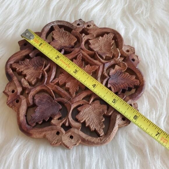 Vintage Boho Indian Handcarved Wooden Round Trivet Plate - Picture 4 of 4
